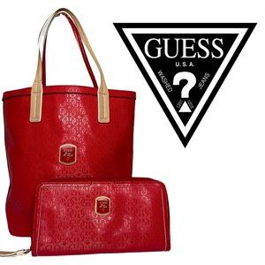 Guess Cherry Red and Beige Logo Tote Bag Purse with Matching Wallet